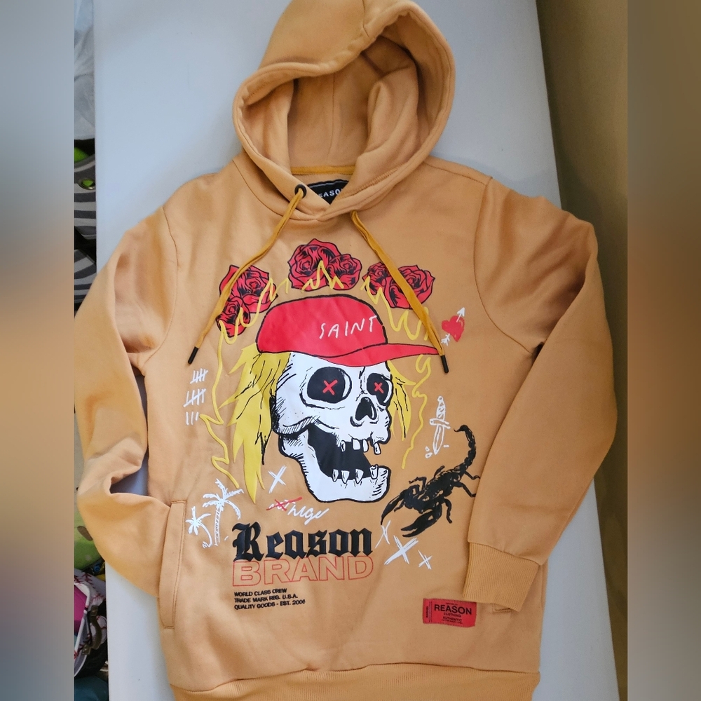 Reason Tan Hoodie with Skull and Red Accents